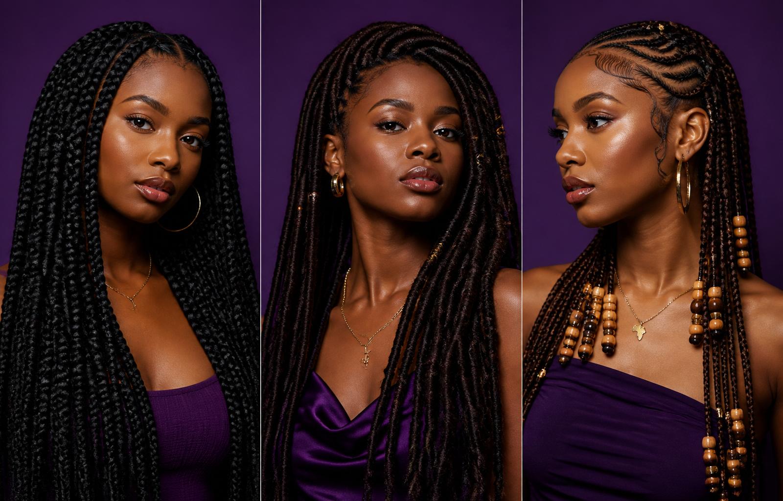 Three women showcasing knotless braids, faux locs, and Fulani braids